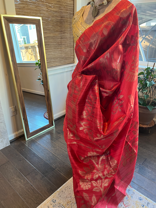 Red Bronze Tussar Silk Saree