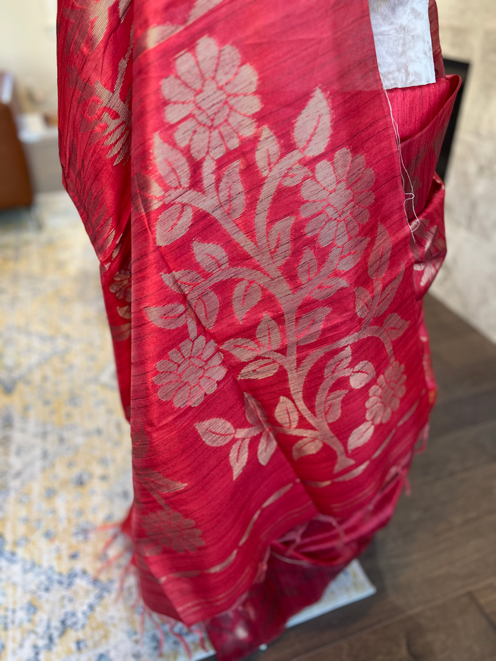 Red Bronze Tussar Silk Saree