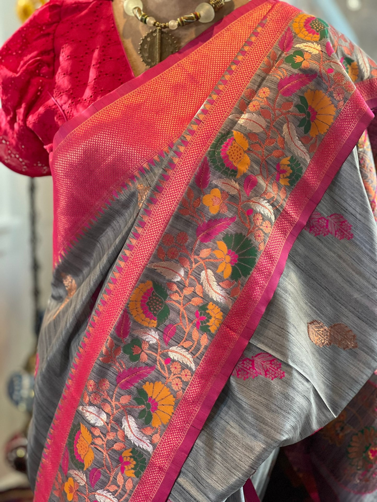 Grey Rani Pink Matka Silk Saree