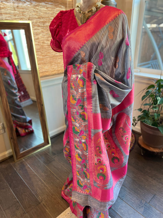 Grey Rani Pink Matka Silk Saree