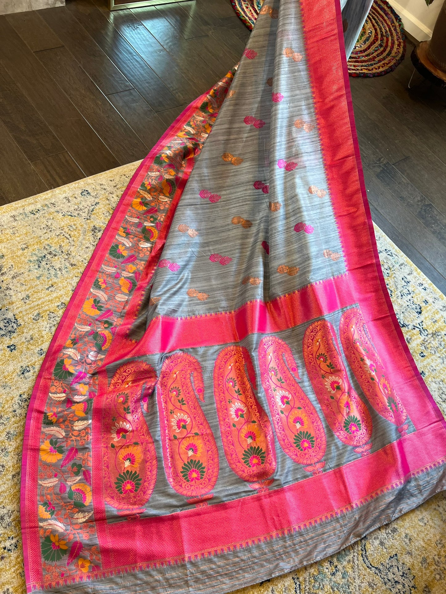 Grey Rani Pink Matka Silk Saree