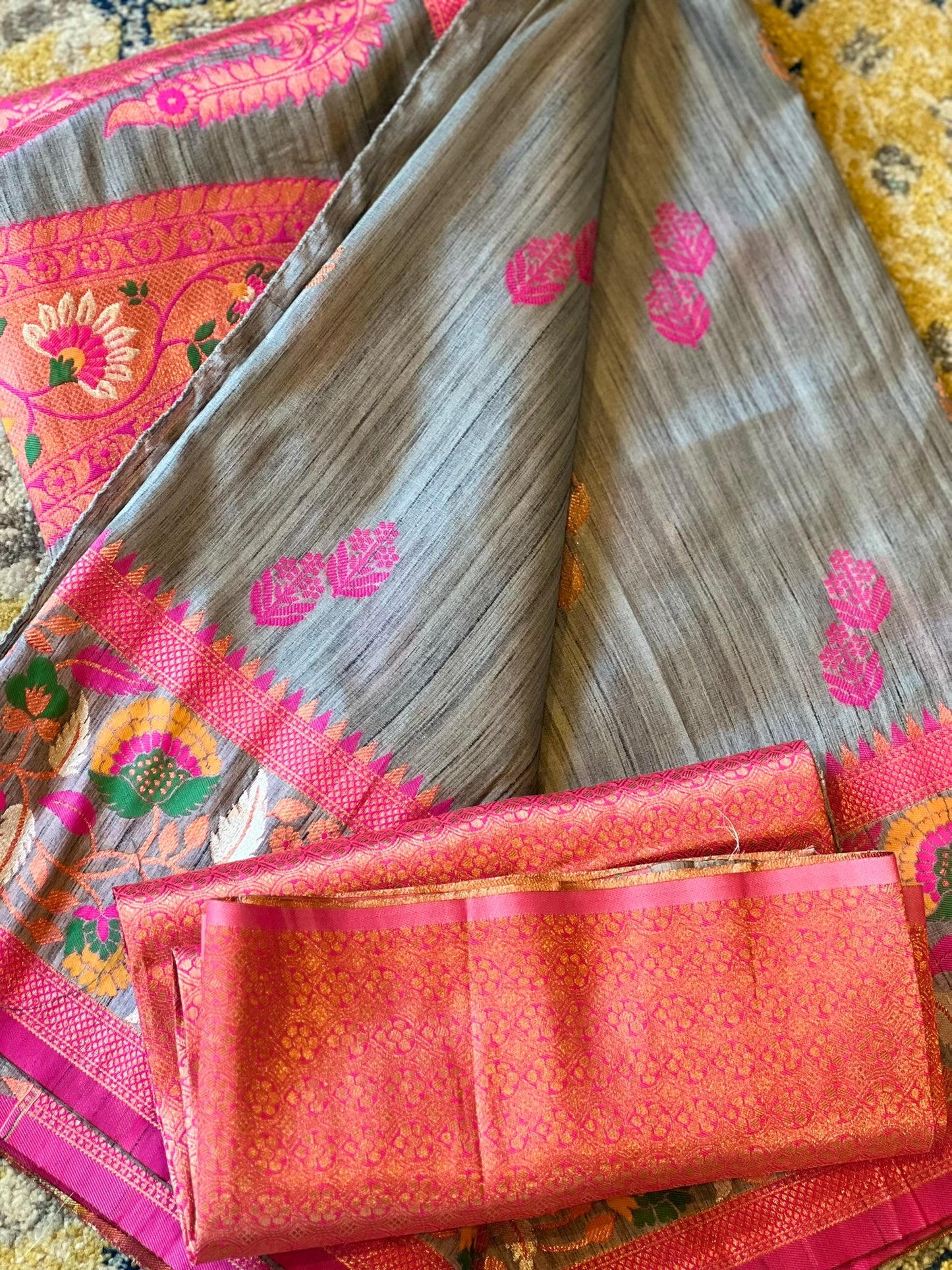 Grey Rani Pink Matka Silk Saree